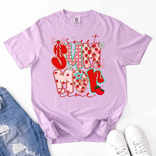 Adorb.co Sweet Summertime Graphic Tee in a soft cream color, a cute retro summer t-shirt with a colorful beach design.