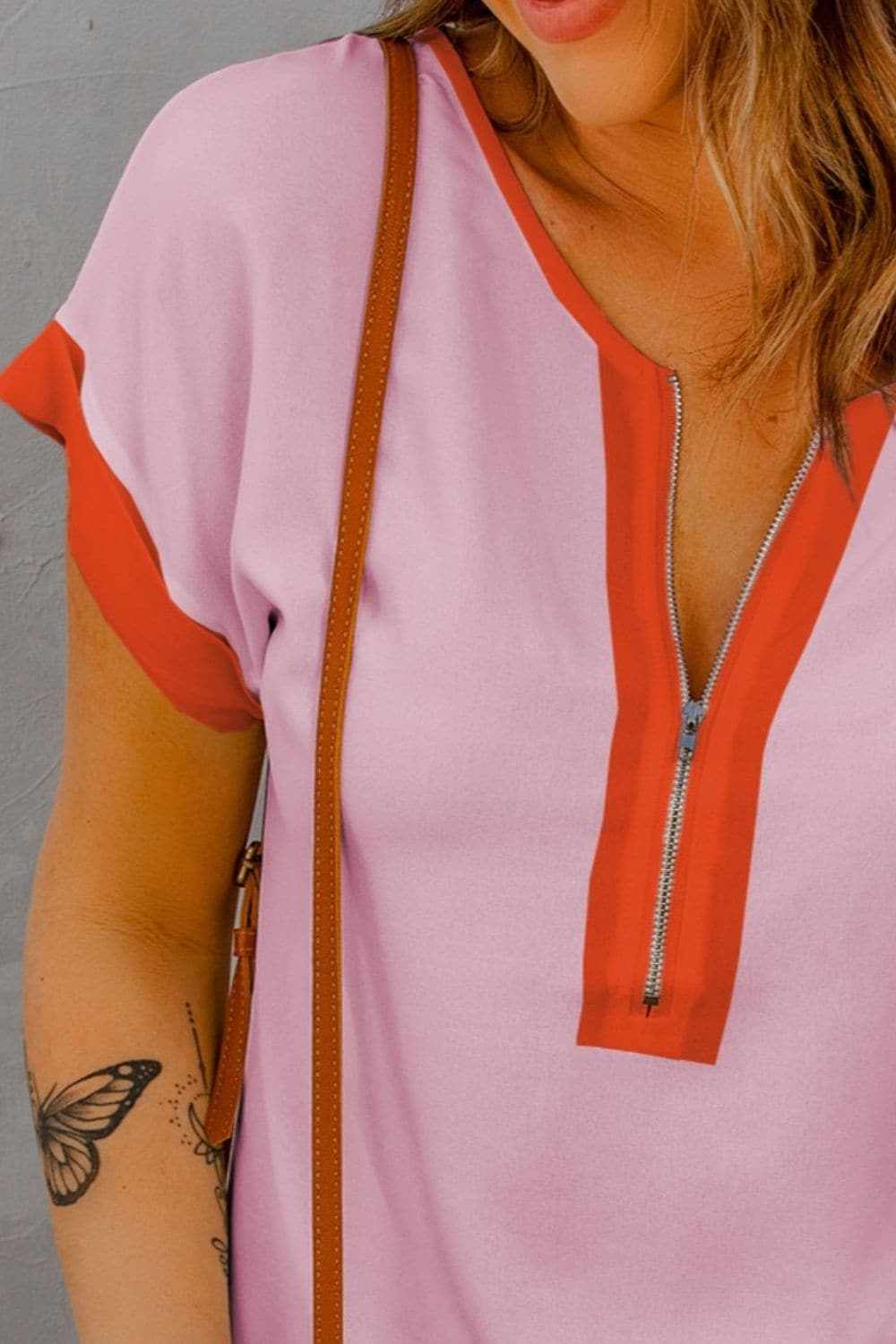 Contrast Zip-Up Short Sleeve Top - Love Salve 