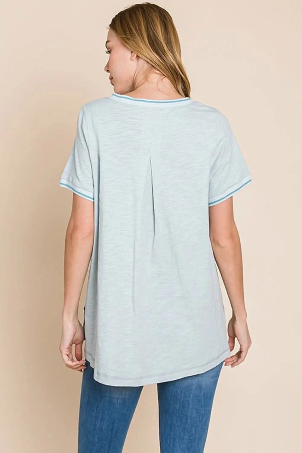 Cotton Bleu by Nu Lab Contrast Trim Short Sleeve Slit T-Shirt - Love Salve 