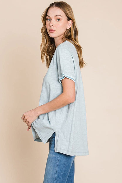 Cotton Bleu by Nu Lab Contrast Trim Short Sleeve Slit T-Shirt - Love Salve 