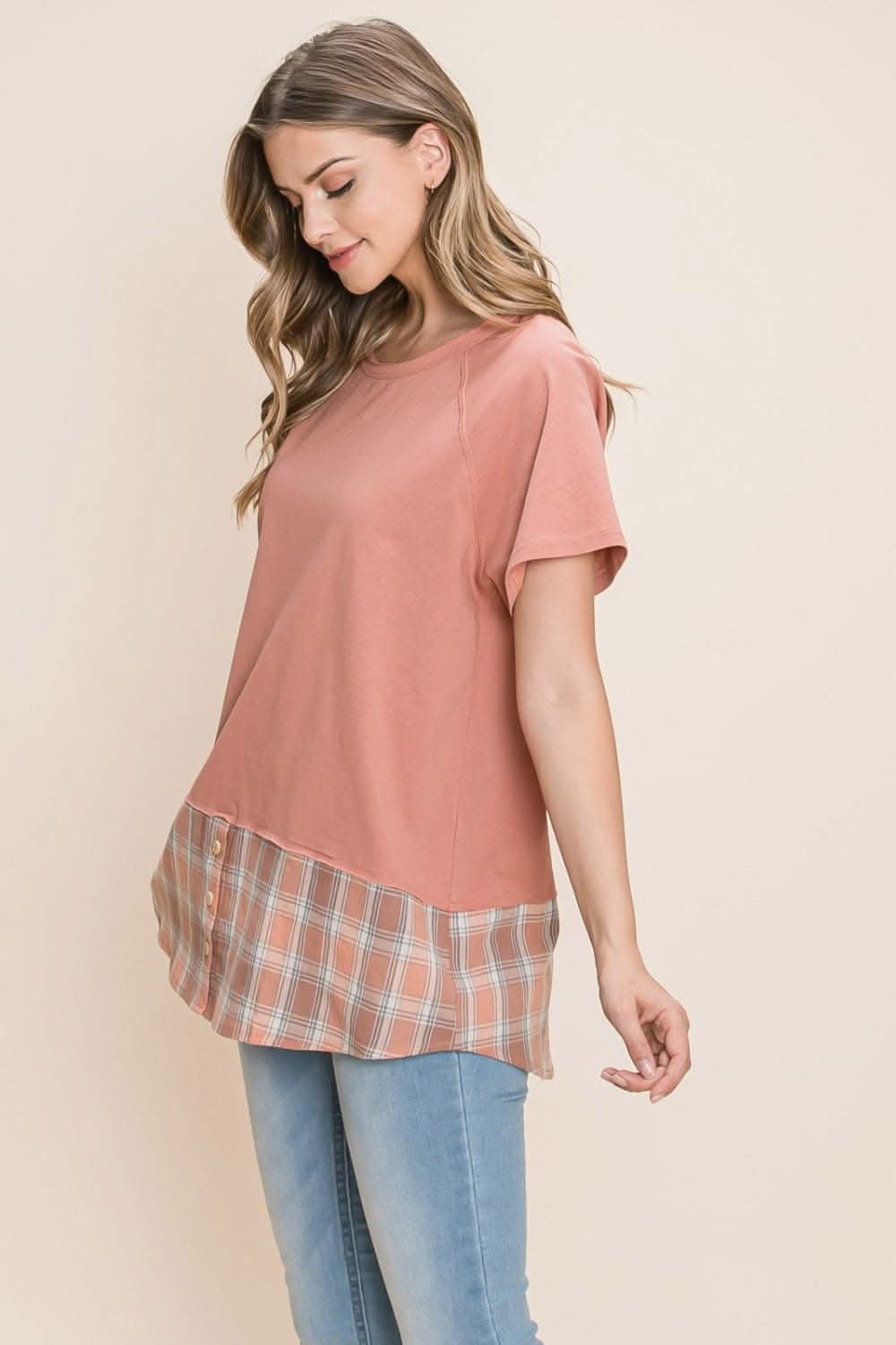 Cotton Bleu by Nu Lab Plaid Contrast Short Sleeve T-Shirt - Love Salve 