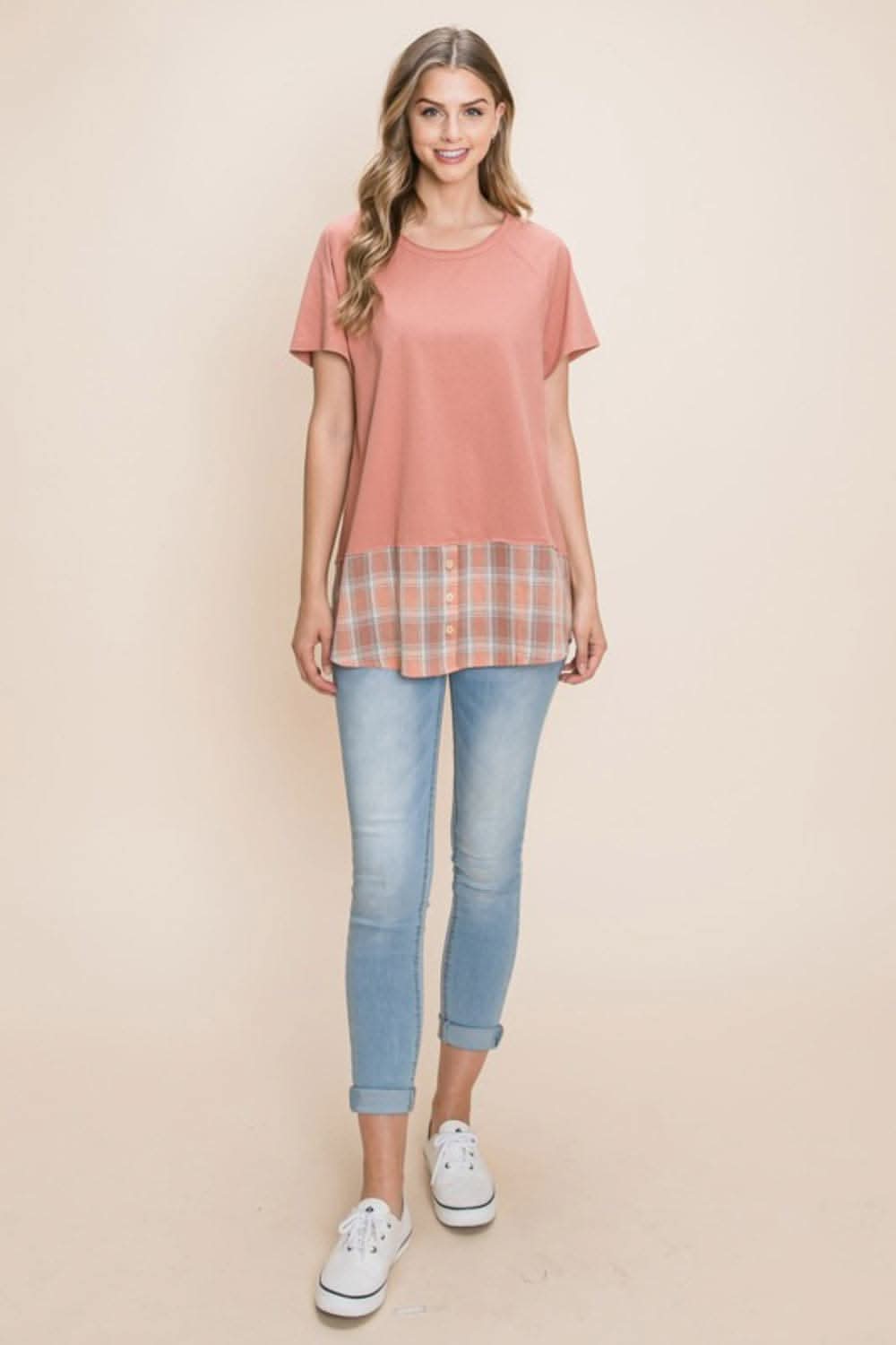 Cotton Bleu by Nu Lab Plaid Contrast Short Sleeve T-Shirt - Love Salve 