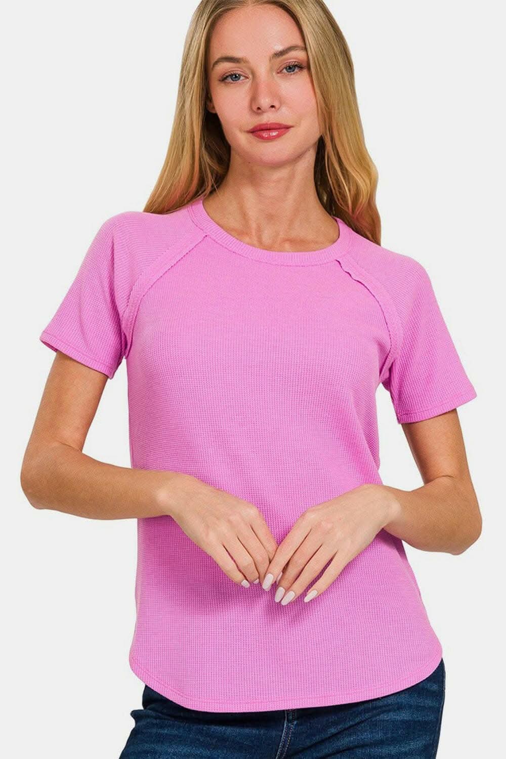 Cozy Textured Round Neck Waffle Knit Tee 