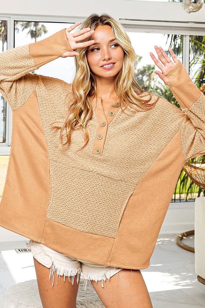 Cozy chic long sleeve top with thumb openings and kangaroo pocket - Love Salve 