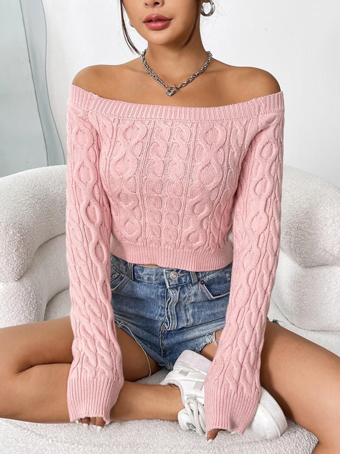 Cozy off-shoulder cable-knit top - Love Salve 