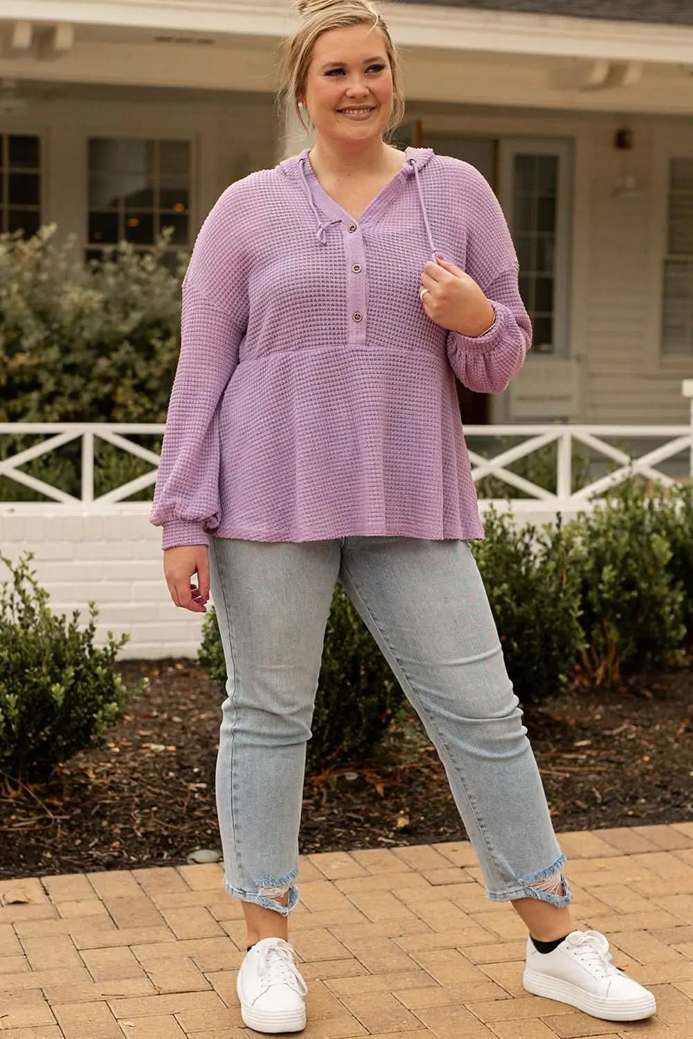 Cozy plus size hooded top with buttons - Love Salve 