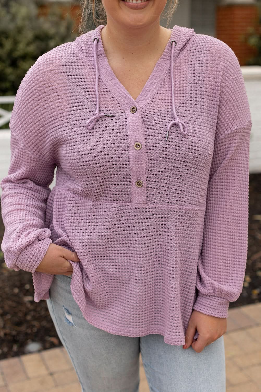 Cozy plus size hooded top with buttons - Love Salve 