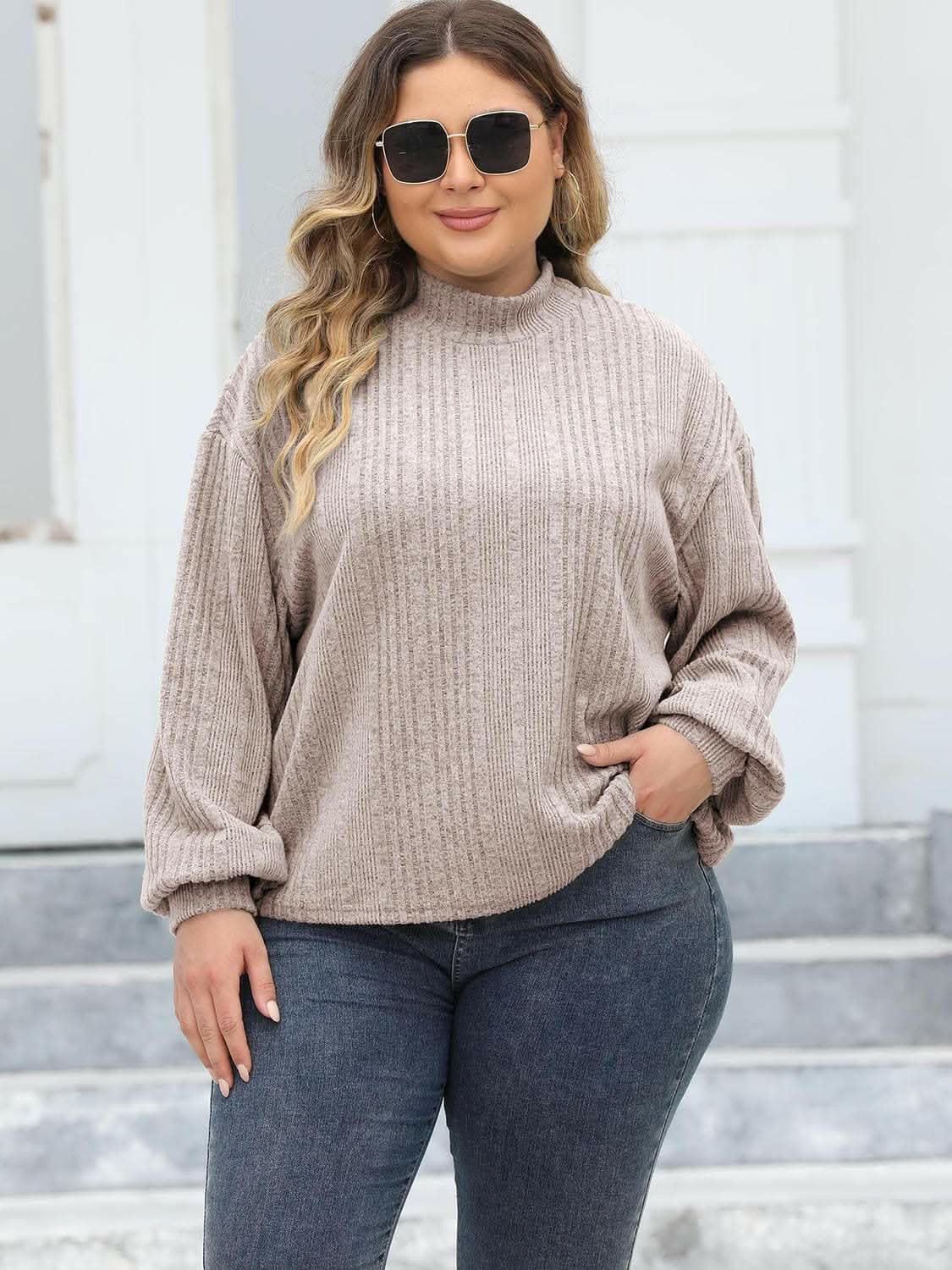 Cozy plus size ribbed mock neck top - Love Salve 