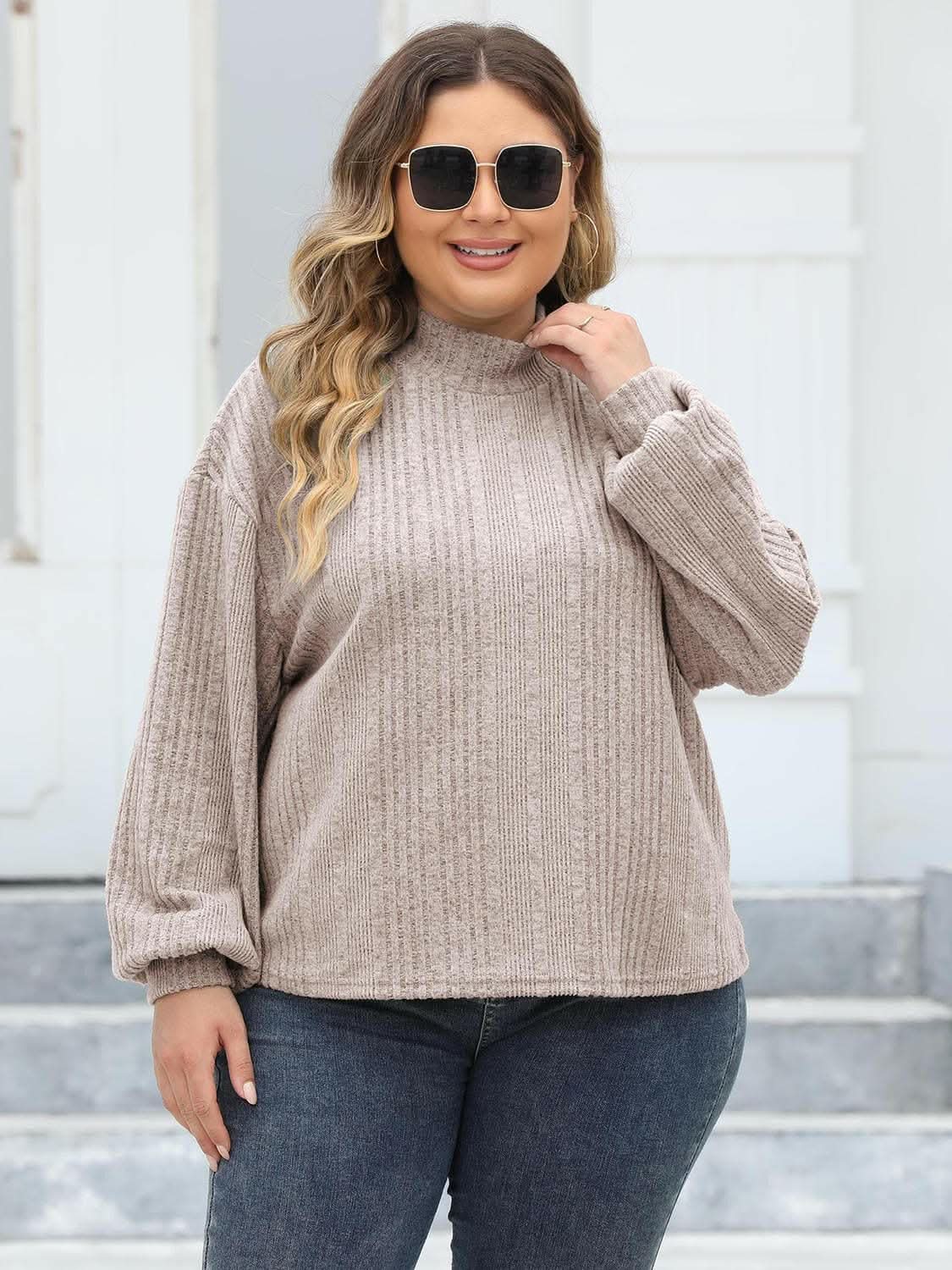 Cozy plus size ribbed mock neck top - Love Salve 