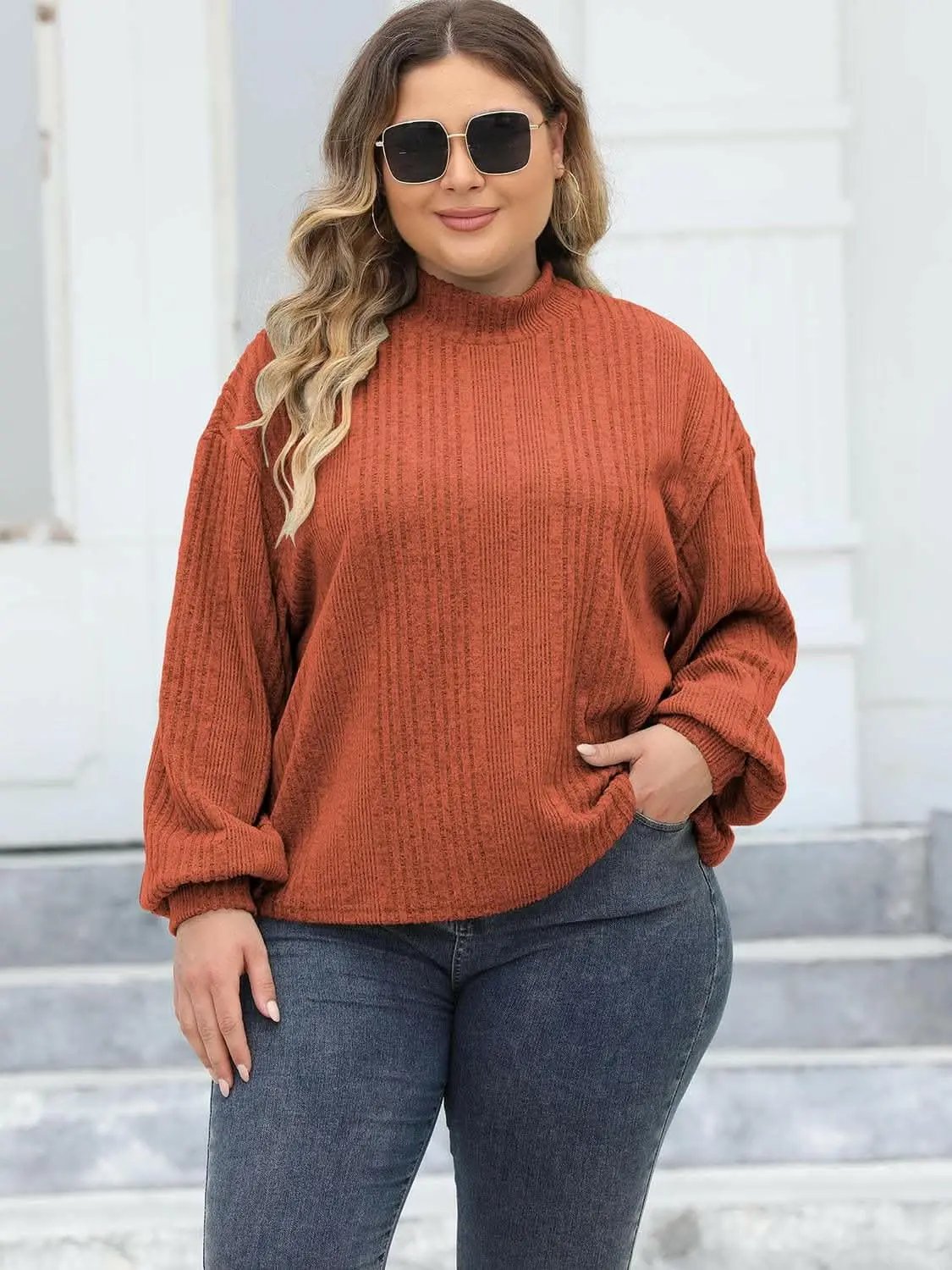 Cozy plus size ribbed mock neck top - Love Salve 