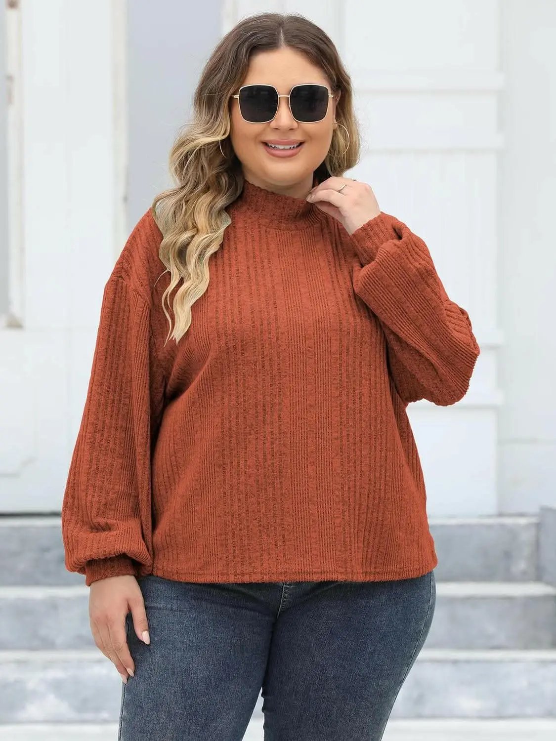 Cozy plus size ribbed mock neck top - Love Salve 
