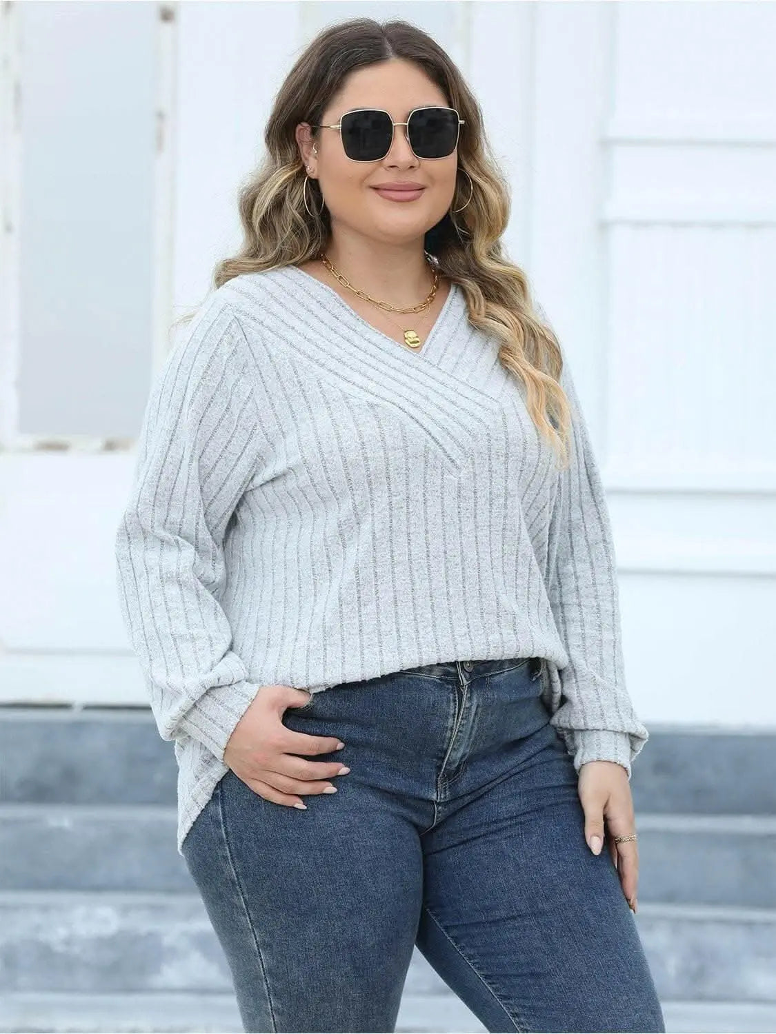 Cozy ribbed v-neck top for curves - Love Salve 