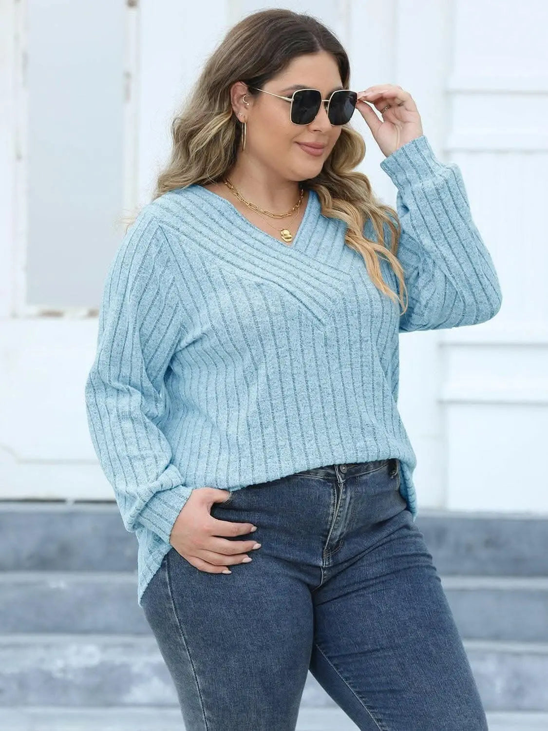 Cozy ribbed v-neck top for curves - Love Salve 