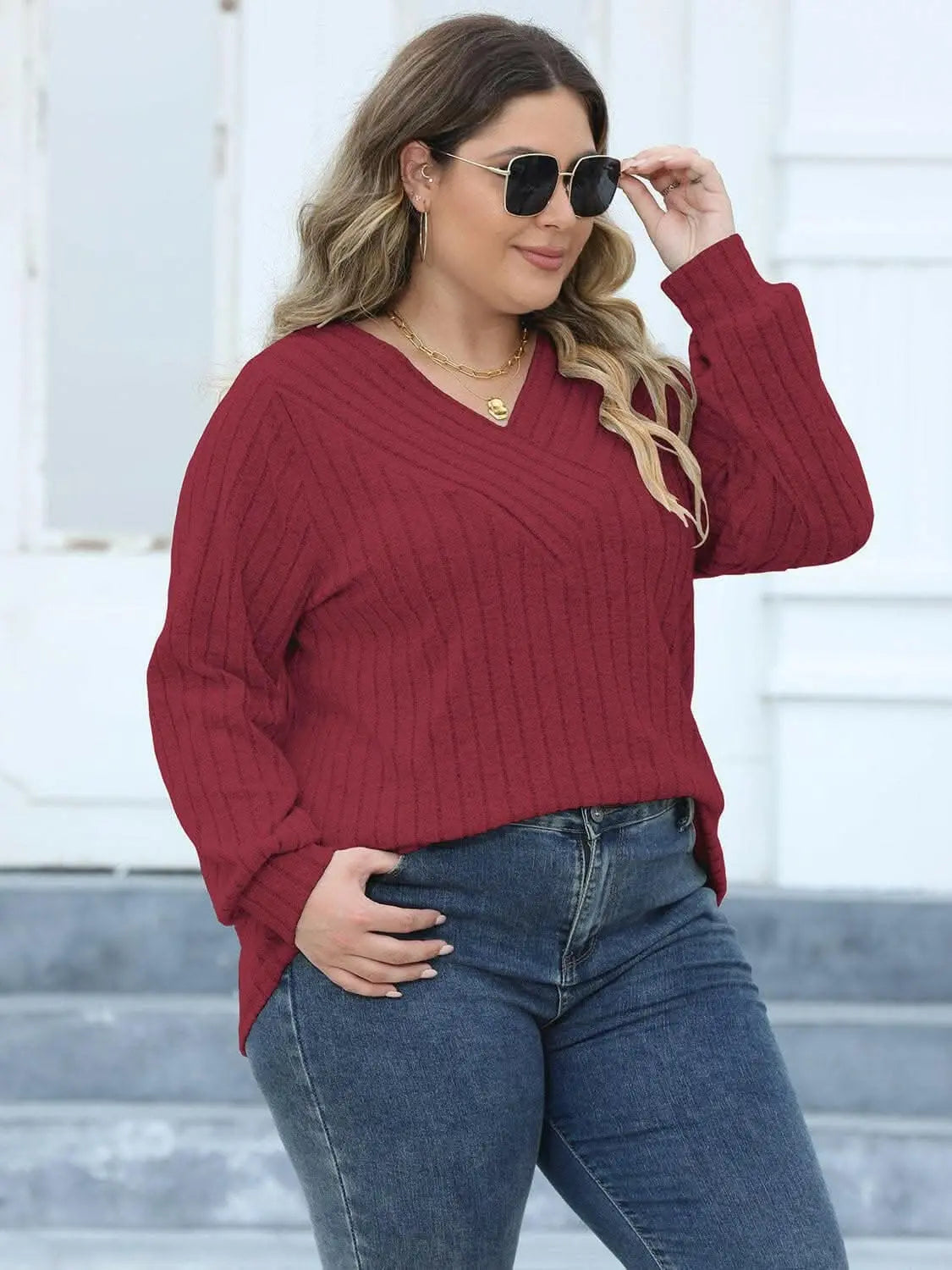 Cozy ribbed v-neck top for curves - Love Salve 