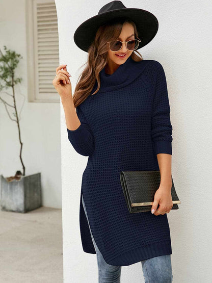 Cozy turtleneck sweater dress with slit - Love Salve 