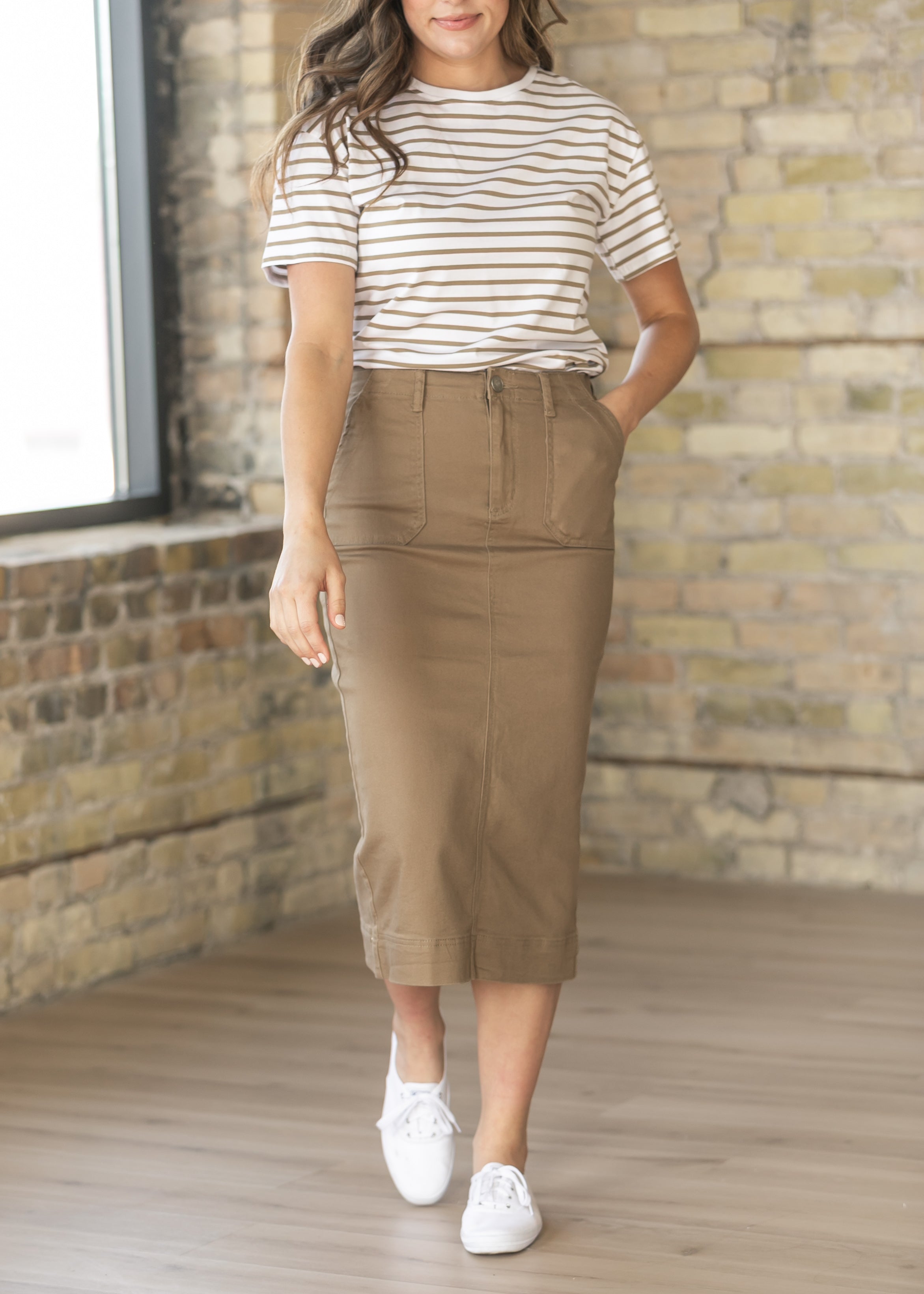 Inherit Co. Erica Cotton Twill Midi Skirt, a versatile women's midi skirt crafted from comfortable cotton twill.