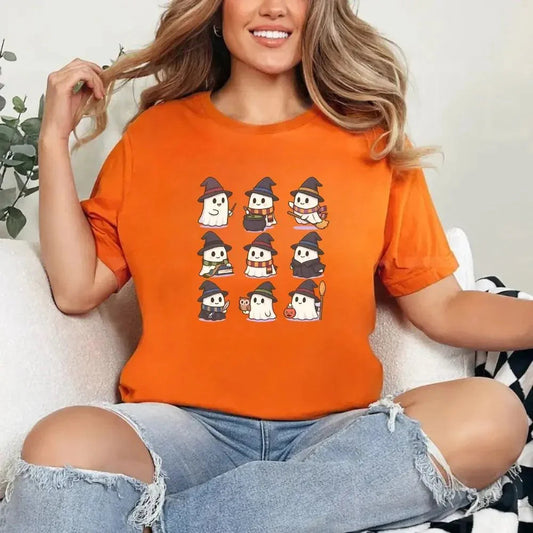 Adorb.co Cute Witch Ghosts Halloween Shirt in black, featuring a front graphic of three kawaii ghosts wearing purple witch ha