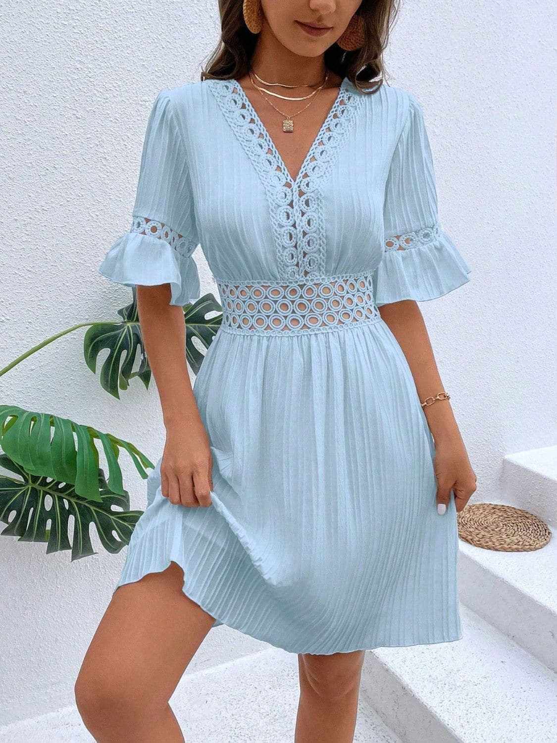 Cutout flounce sleeve mini dress - Love Salve 