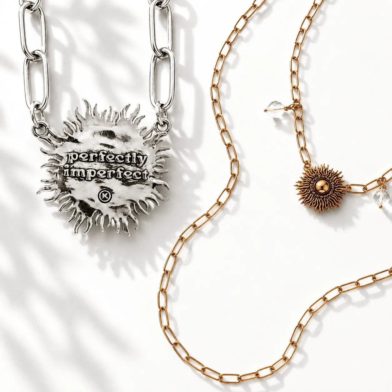 Katia Designs Perfectly Imperfect Sunburst Long Chain Necklace, a radiant gold chain jewelry piece for quality everyday wear.