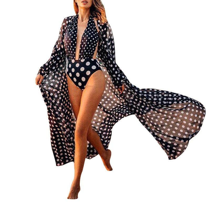 Loose chiffon polka dot cardigan beach cover-up holiday bikini top sun protection top for women.