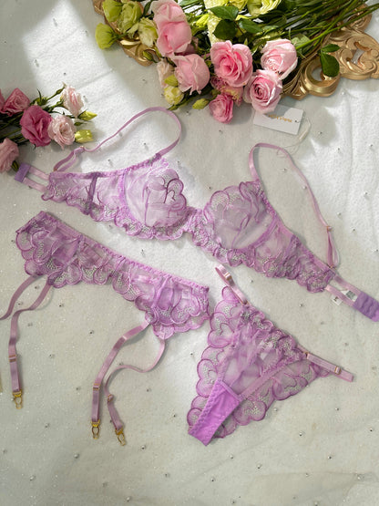 Purple Embroidery Lingerie Set with Lace Garter and Thong