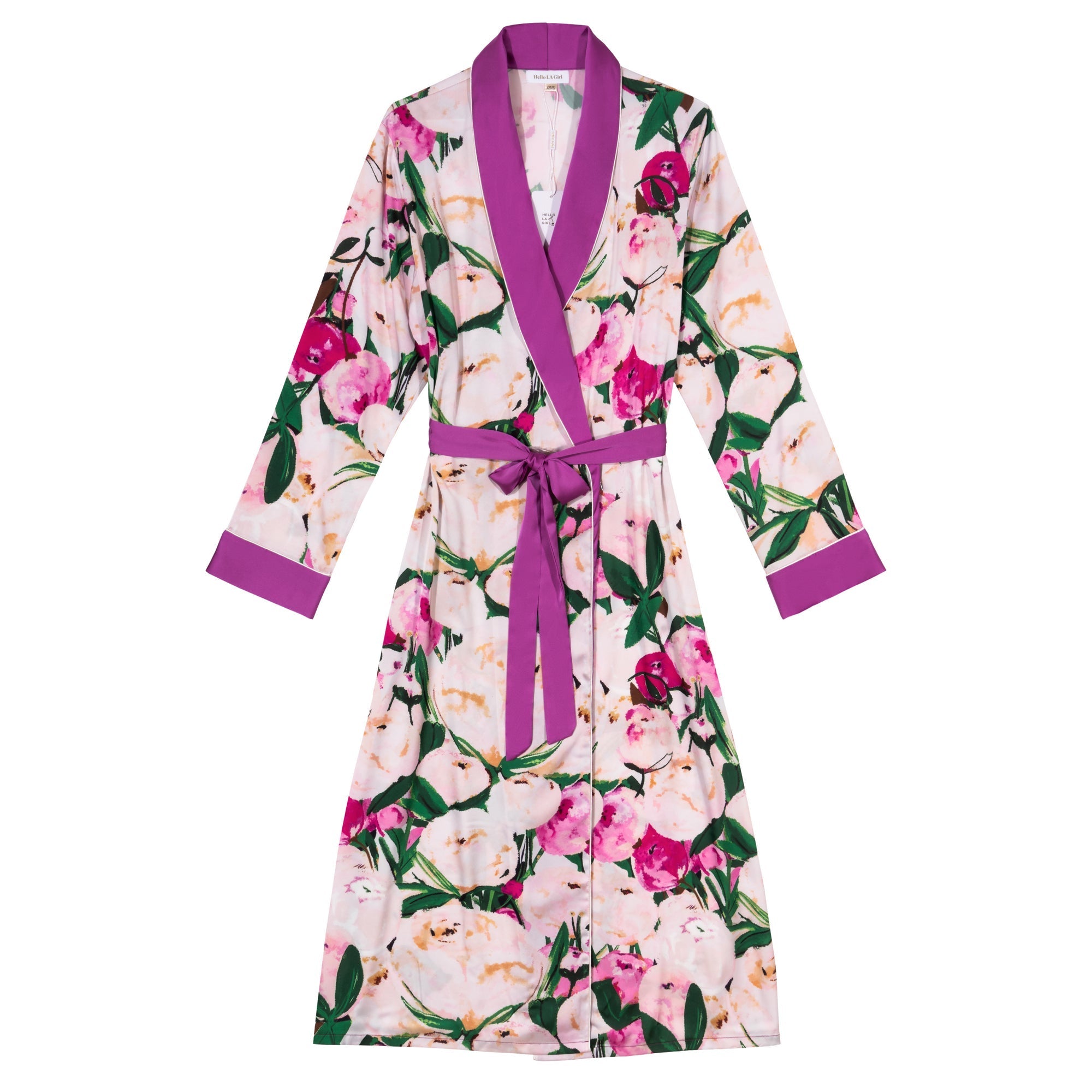 Pink Flower Print Purple Silky Satin Robe With Belt Hello.LA.Girl
