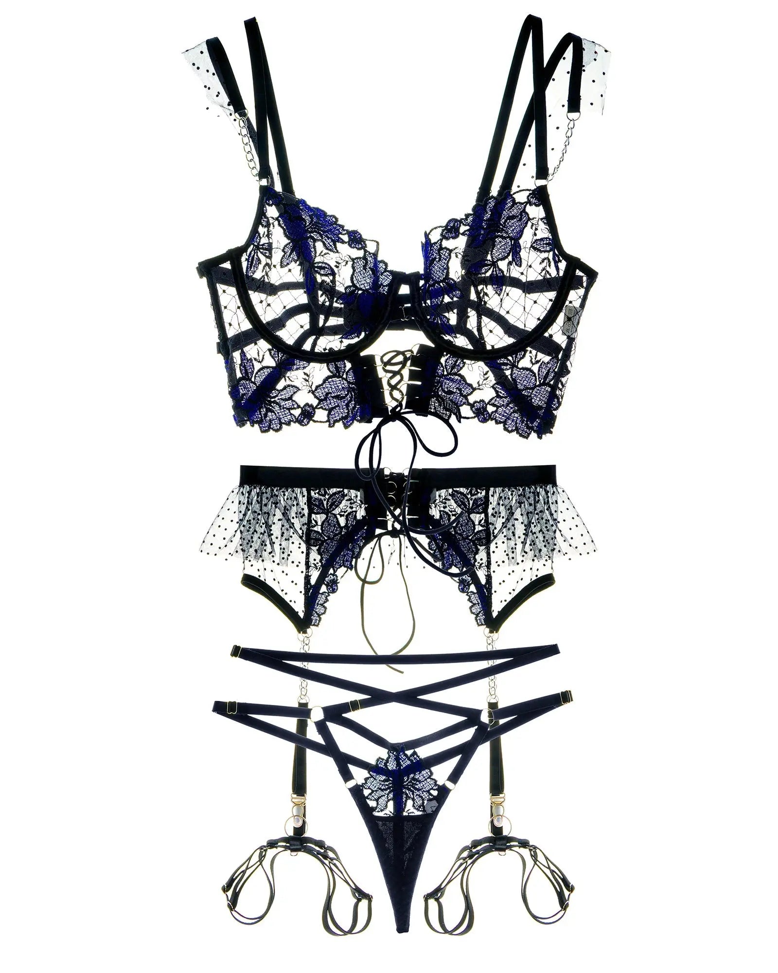 Black&Blue Lace Tie Adjustable Sculpting Body Lingerie Set Hello.LA.Girl