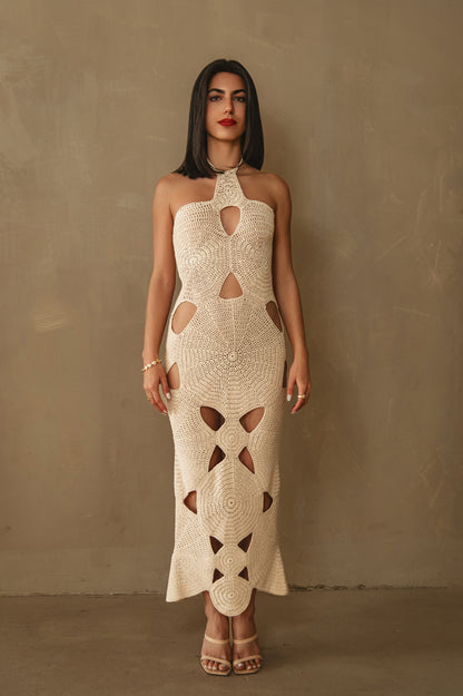 Isla Crochet Halter Neck Dress in Cream with Cut-Outs - Love Salve 