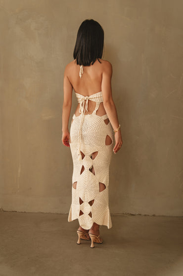 Isla Crochet Halter Neck Dress in Cream with Cut-Outs - Love Salve 
