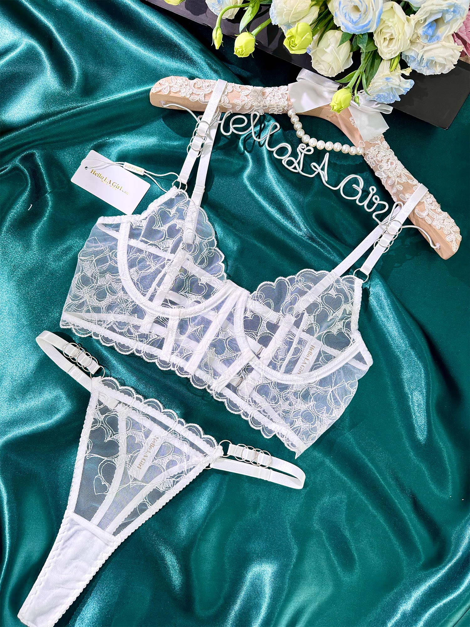 White Embroidery Lingerie Set With Heart Embroidered Design Hello.LA.Girl