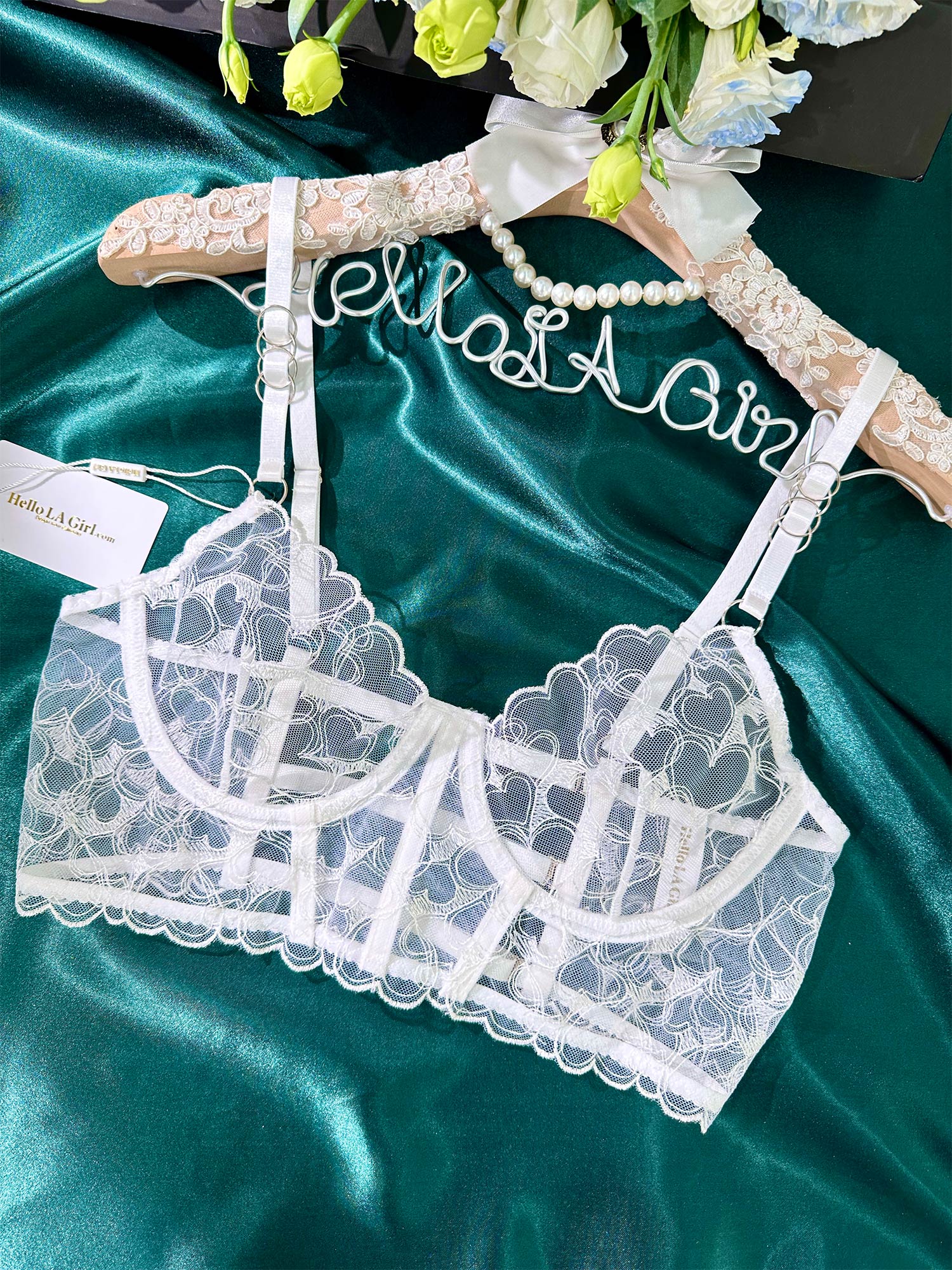 White Embroidery Lingerie Set With Heart Embroidered Design Hello.LA.Girl