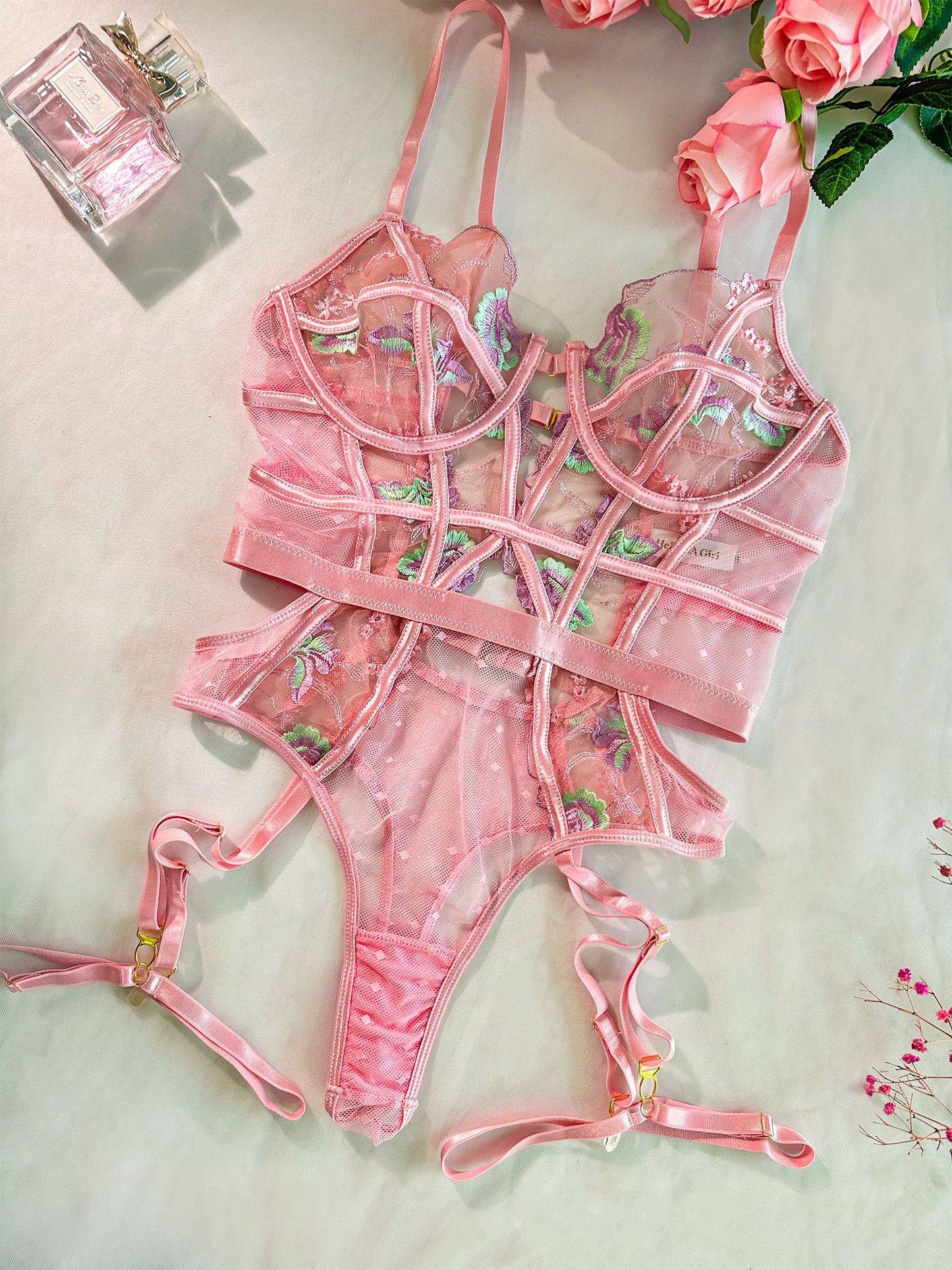 Pink Deluxe Floral Embroidered Bodysuit for Special Occasions