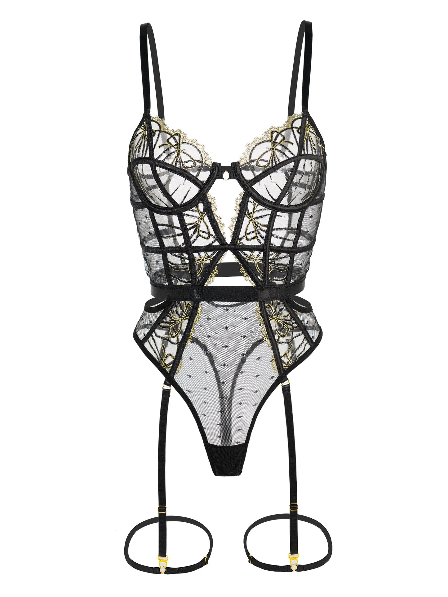 Black Gold-threaded Butterfly Bow Lace Bodysuit for Lingerie