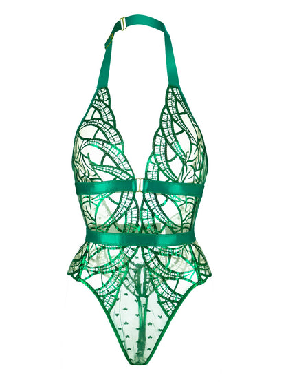 Green Foil Lace Seductive Sheer Bodysuit for Alluring Style