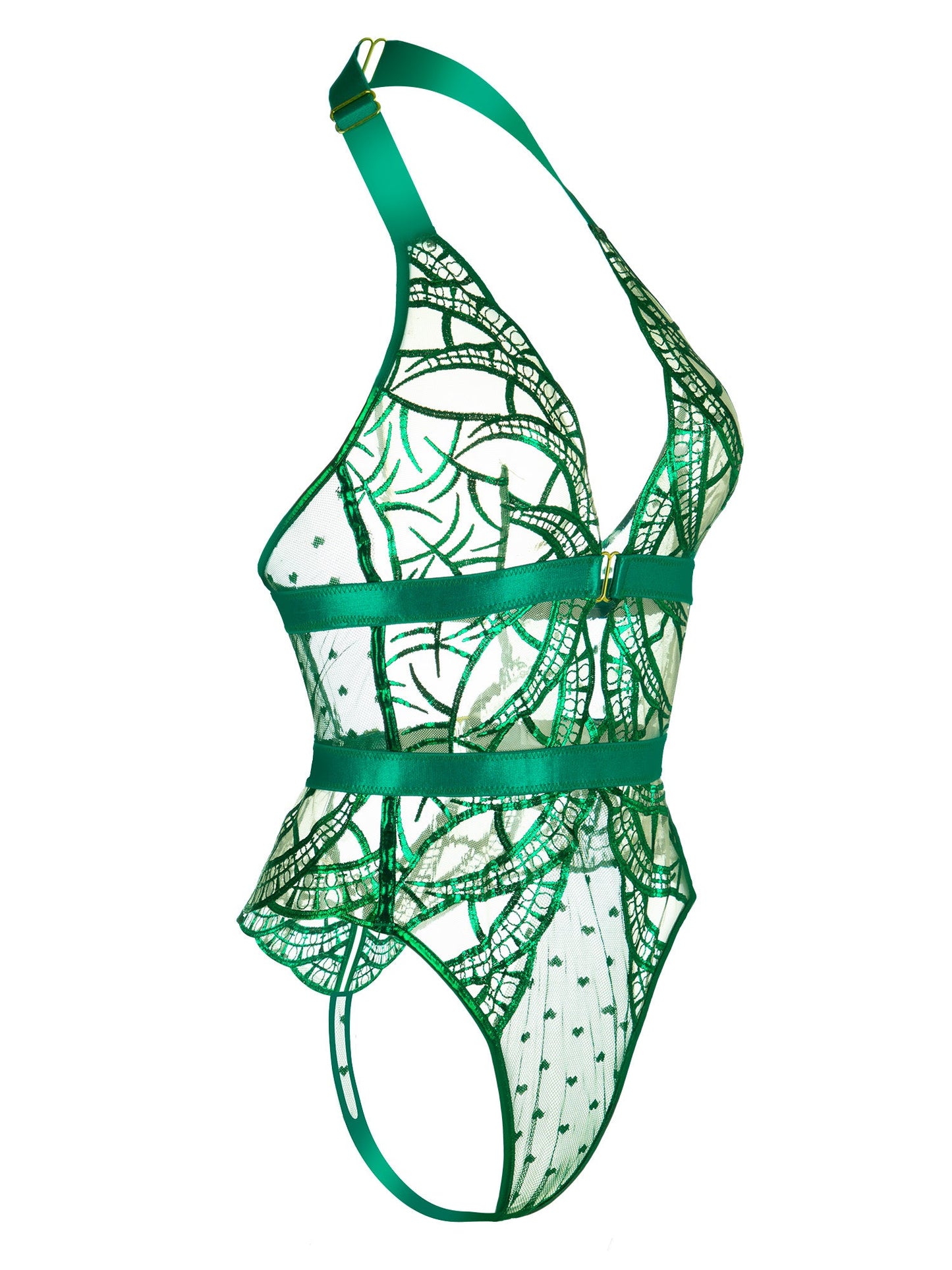 Green Foil Lace Seductive Sheer Bodysuit for Alluring Style