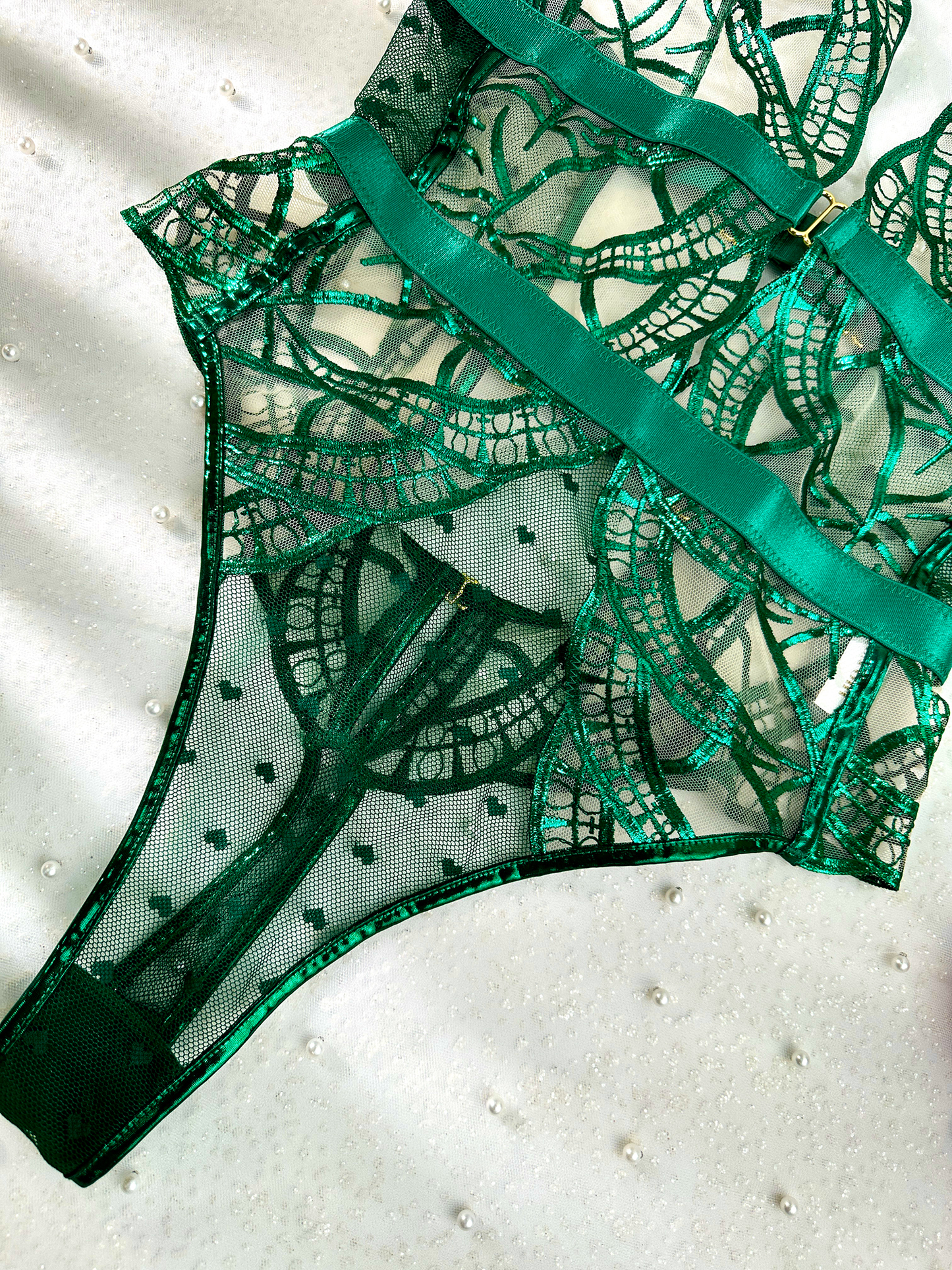 Green Foil Lace Seductive Sheer Bodysuit