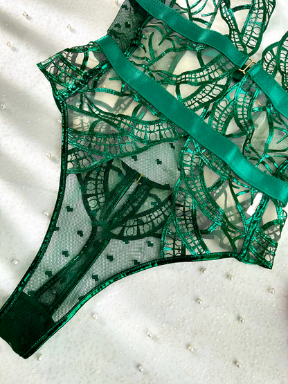 Green Foil Lace Seductive Sheer Bodysuit for Alluring Style