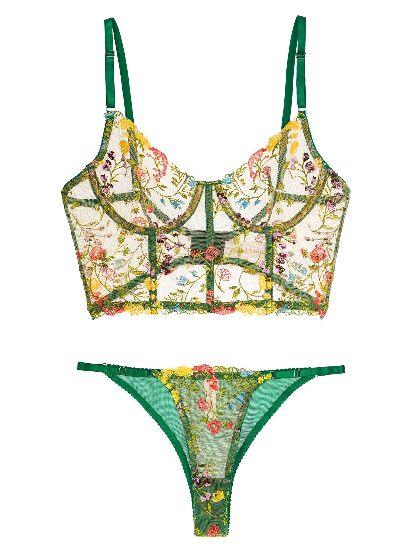 Green Floral Sexy Sheer Embroidered Lingerie Set for Women