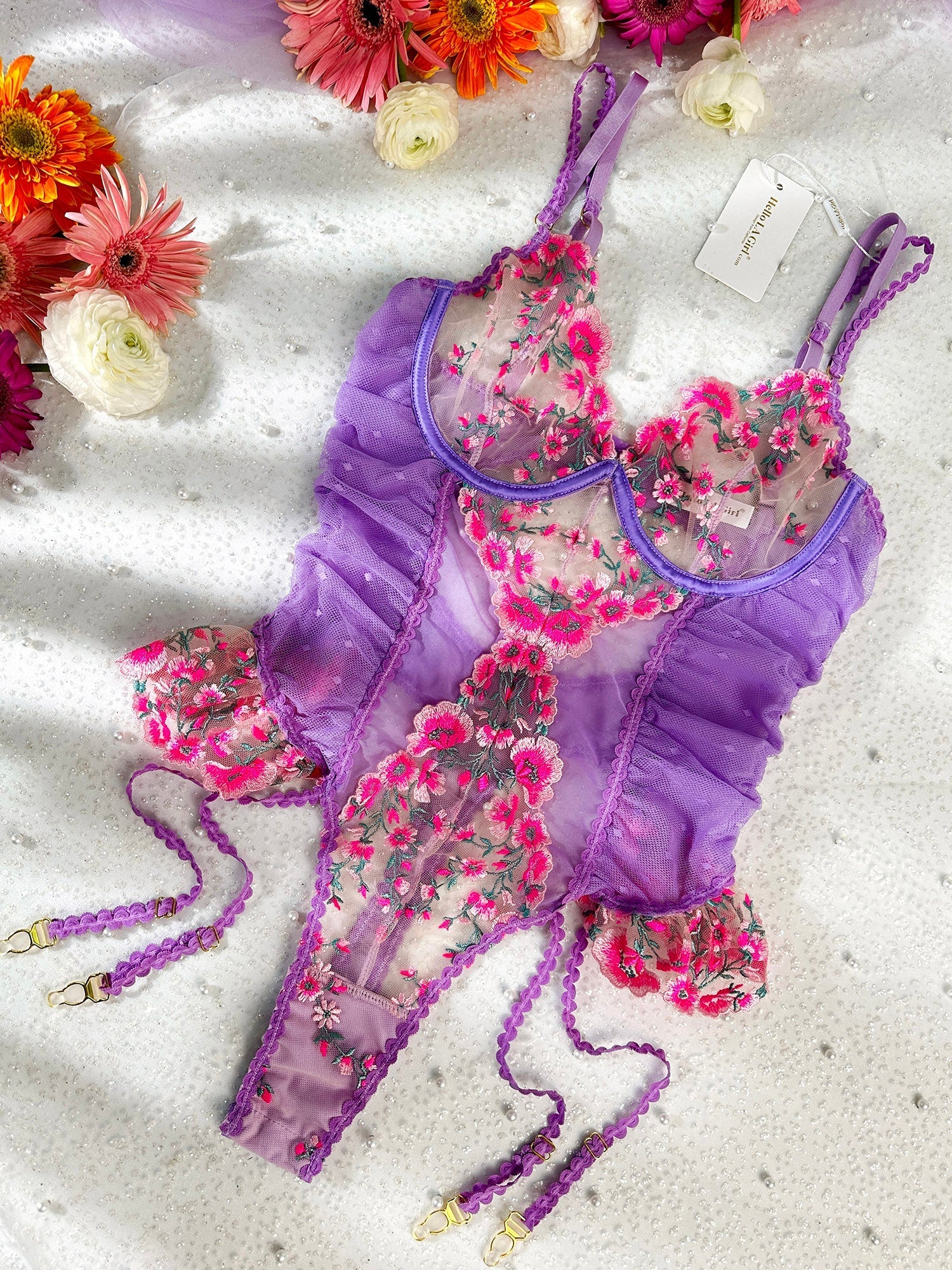 Seraphina Blossom Bodysuit Purple Hue With Pink Embroidery Hello.LA.Girl