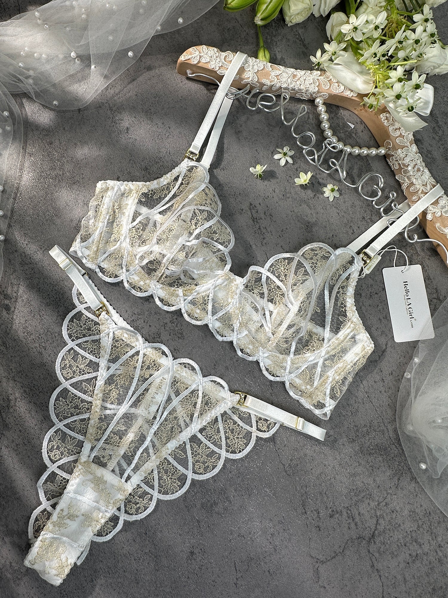 Heavenly Glow Radiance Luxe Satin Lingerie Set Embroidery Hello.LA.Girl