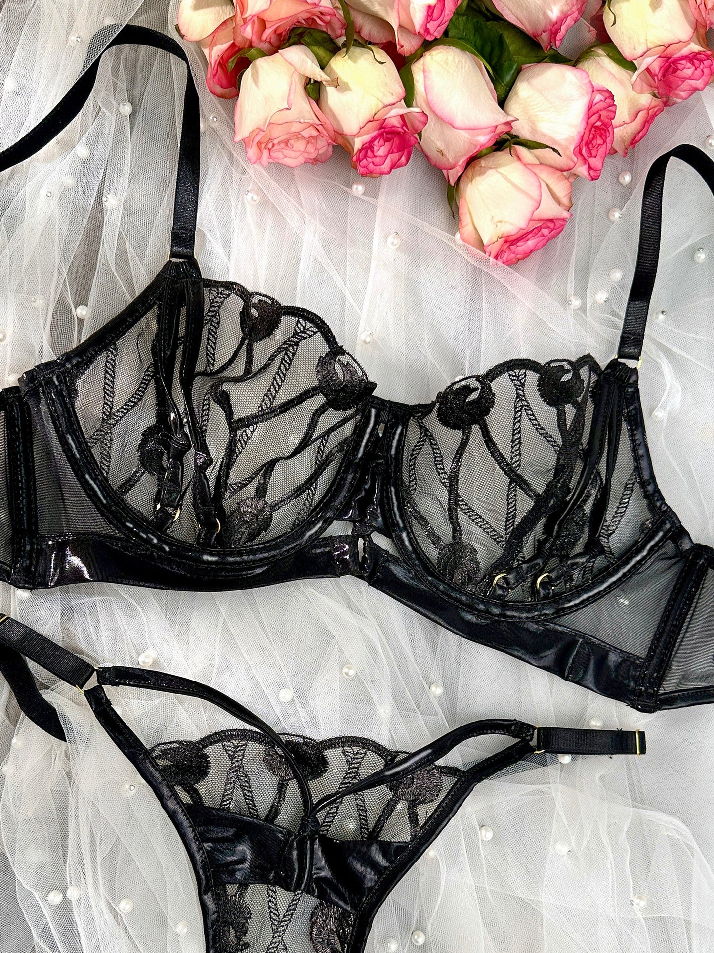 Exquisitely Crafted Midnight Black Lace Lingerie Set for Women