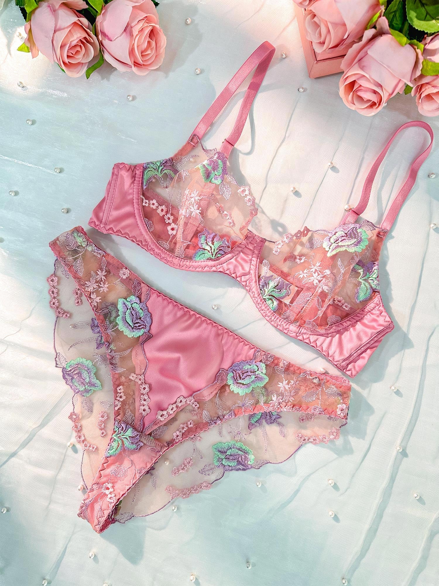 Pink Petals Embroidered Lingerie Set Floral Details Hello.LA.Girl