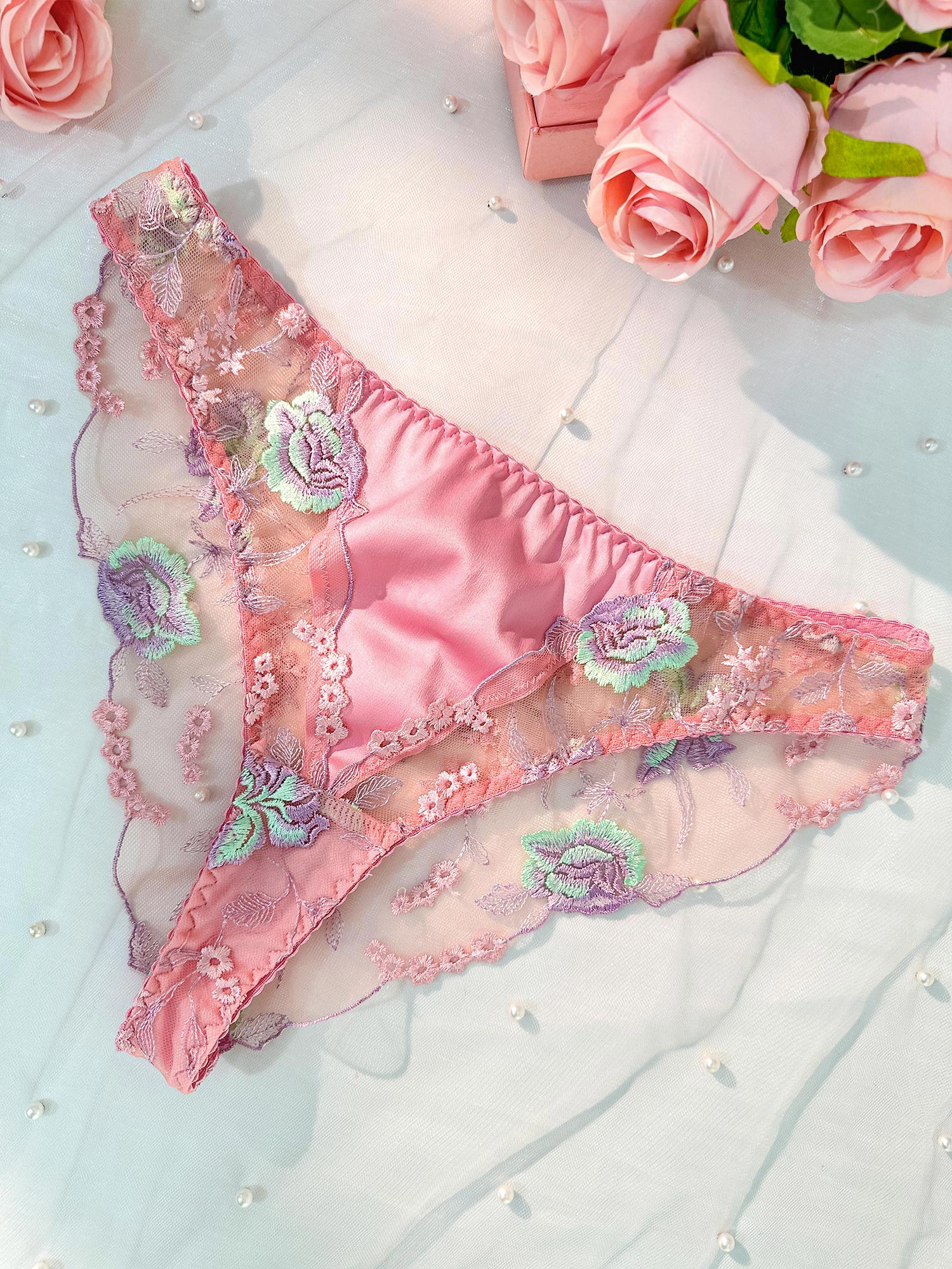 Pink Floral Embroidered Thong Lingerie Polyester Elastane Hello.LA.Girl