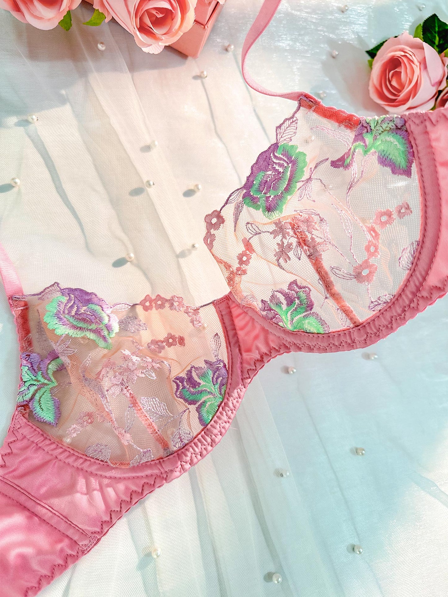 Pink Petals Embroidered Lingerie Set for Charming Style