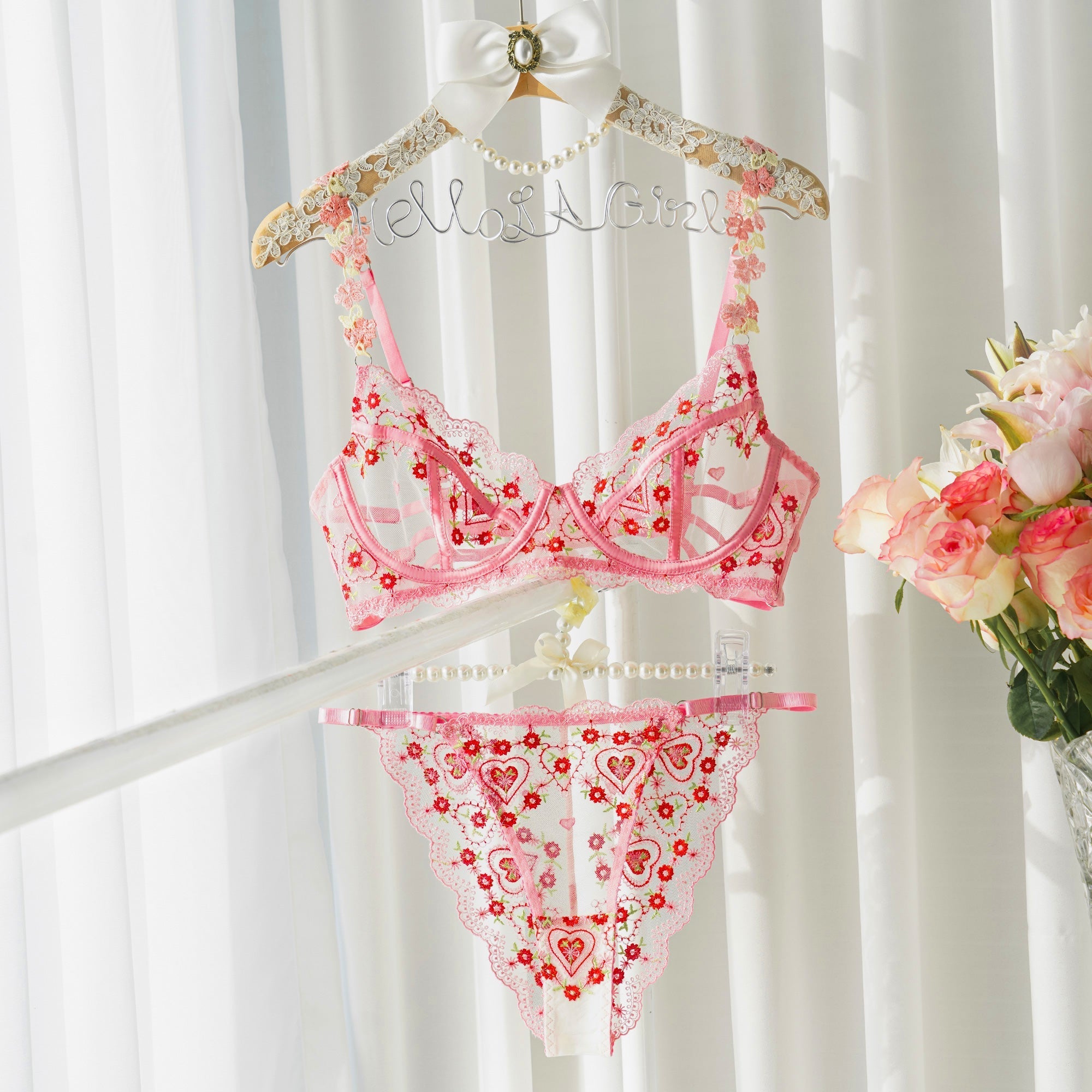 Pink Cute Sweetheart Lace Embroidery Thong For Women Hello.LA.Girl