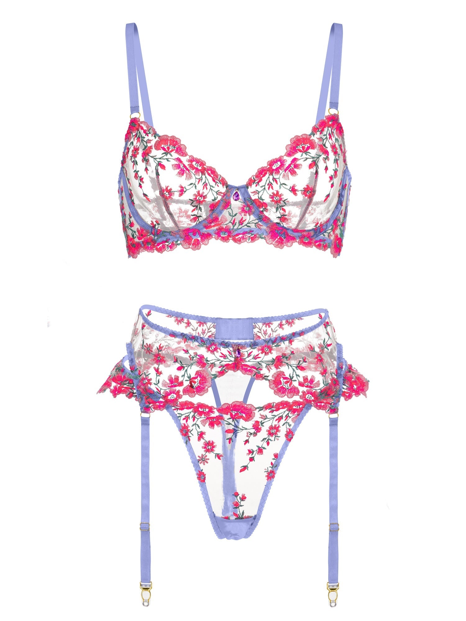 Fantasy Pink Bloom Embroidery Lingerie Set With Lavender Hello.LA.Girl