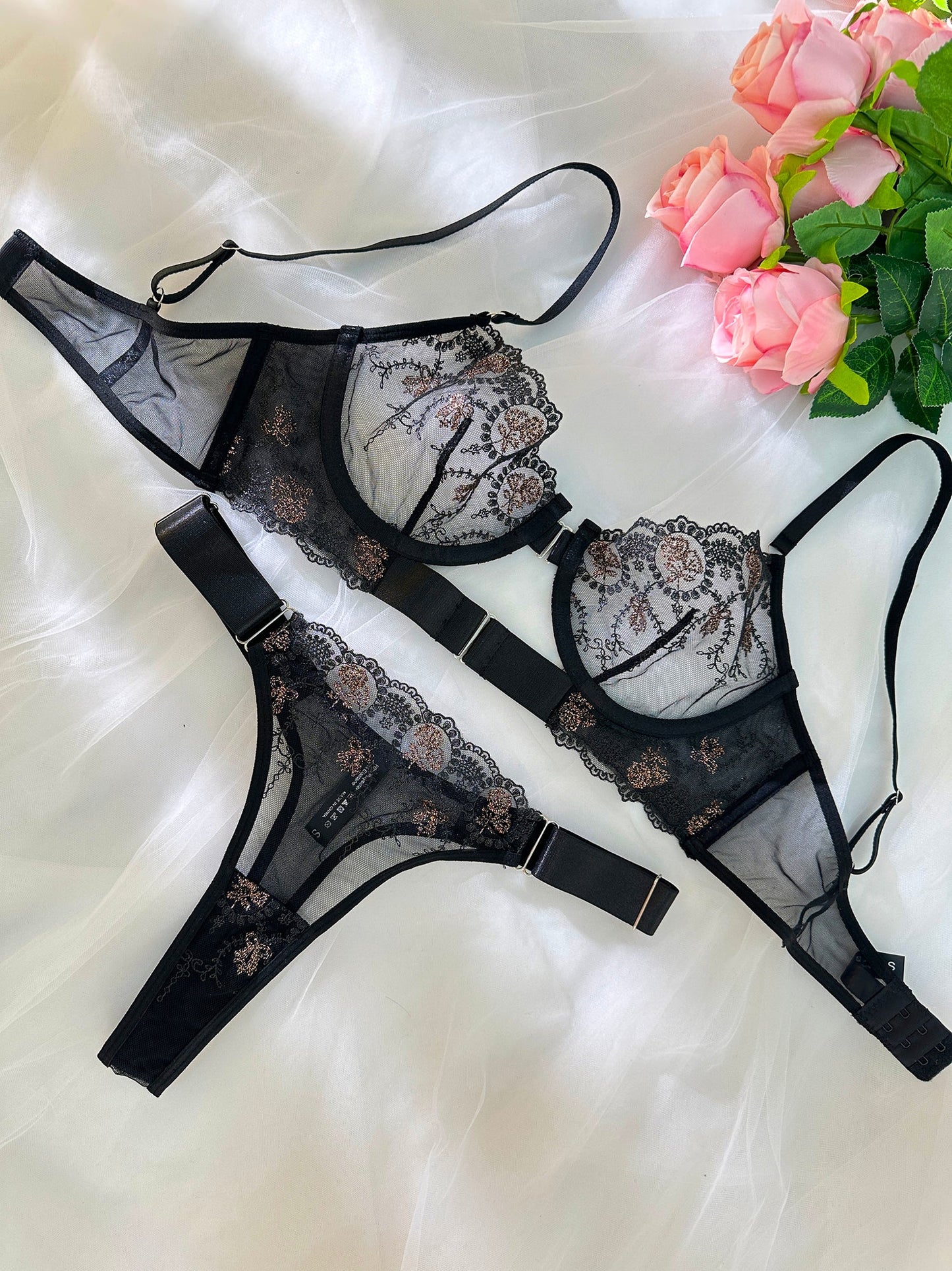 Sheer Black and Champagne Embroidered Lace Lingerie Set