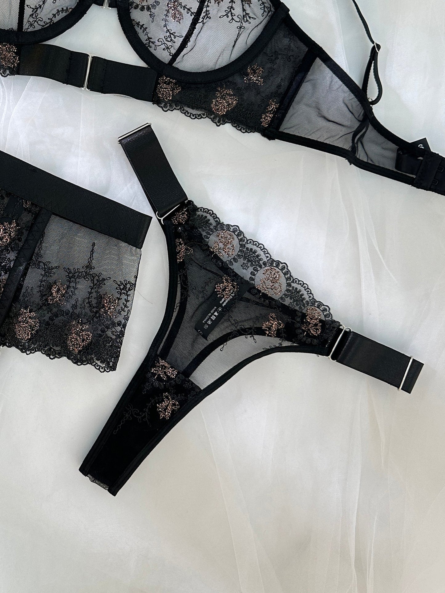 Sheer Black and Champagne Embroidered Lace Lingerie Set