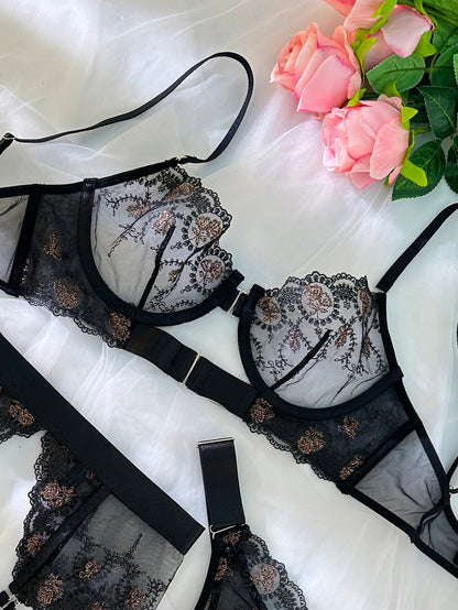 Sheer Black and Champagne Embroidered Lace Lingerie Set