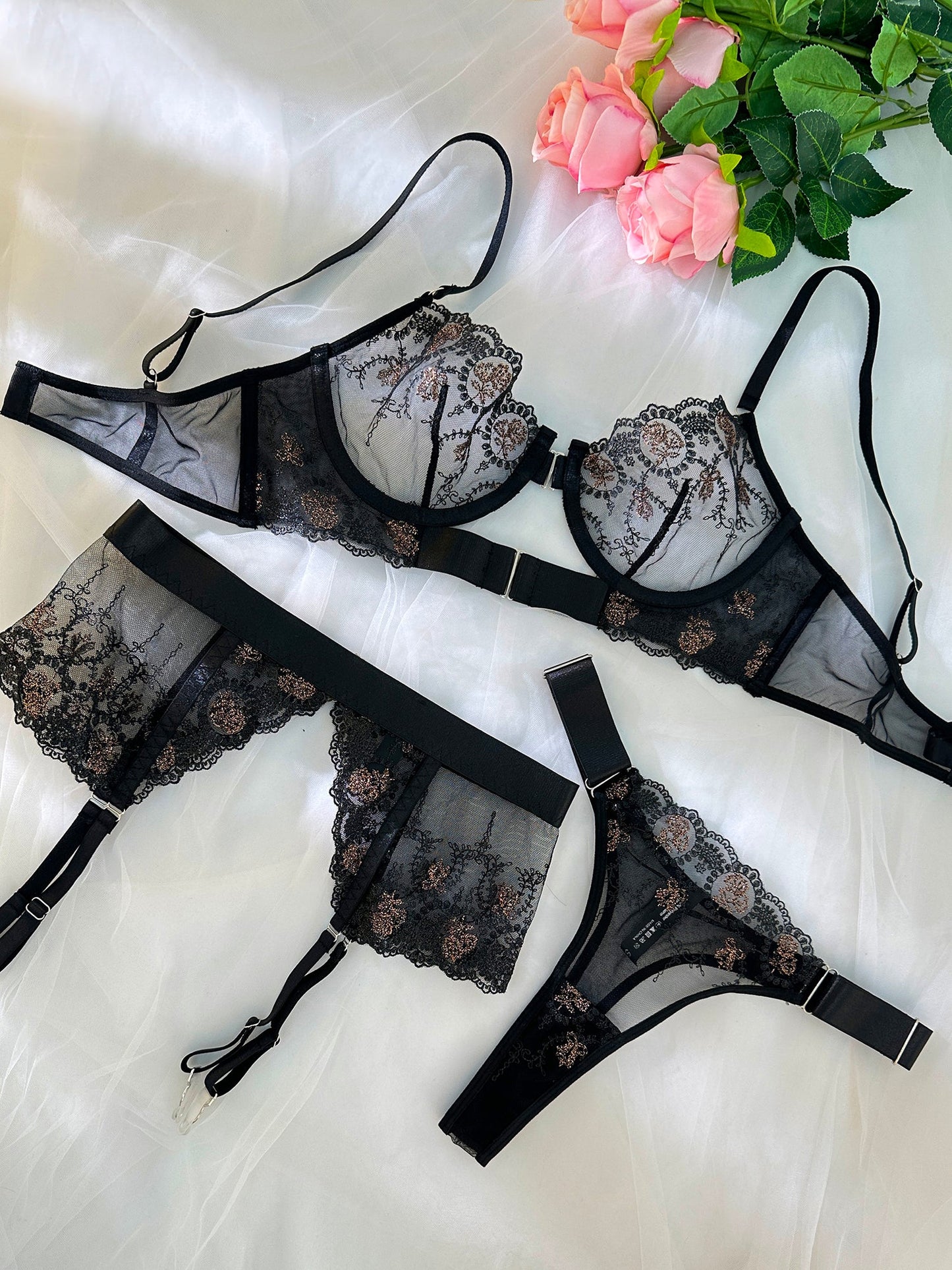 Sheer Black and Champagne Embroidered Lace Lingerie Set